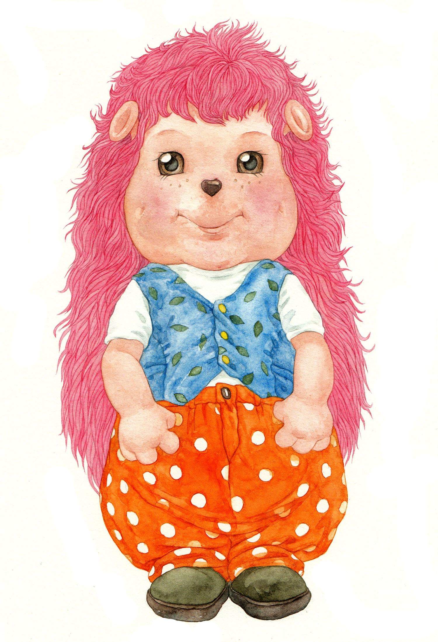 Pooshie the pink hedgehog — watercolor portrait